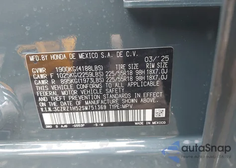 2025 Honda Hr-V 2Wd Sport из США, поврежденный, VIN 3CZRZ1H52SM751369